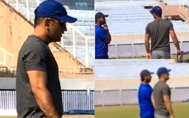 MS Dhoni seen giving batting tips to his friend at Ranchi stadium.